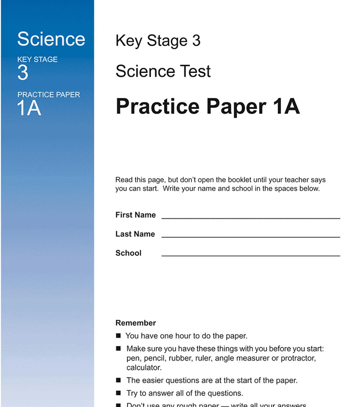 Inside page showing Practice Paper 1A cover with test instructions and candidate details section