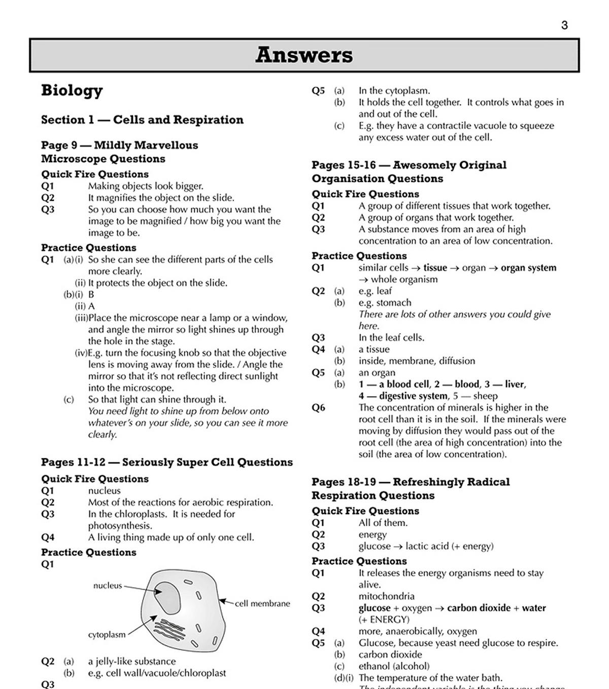 Sample answer page from the KS3 Science Answer Book showing Biology questions and solutions