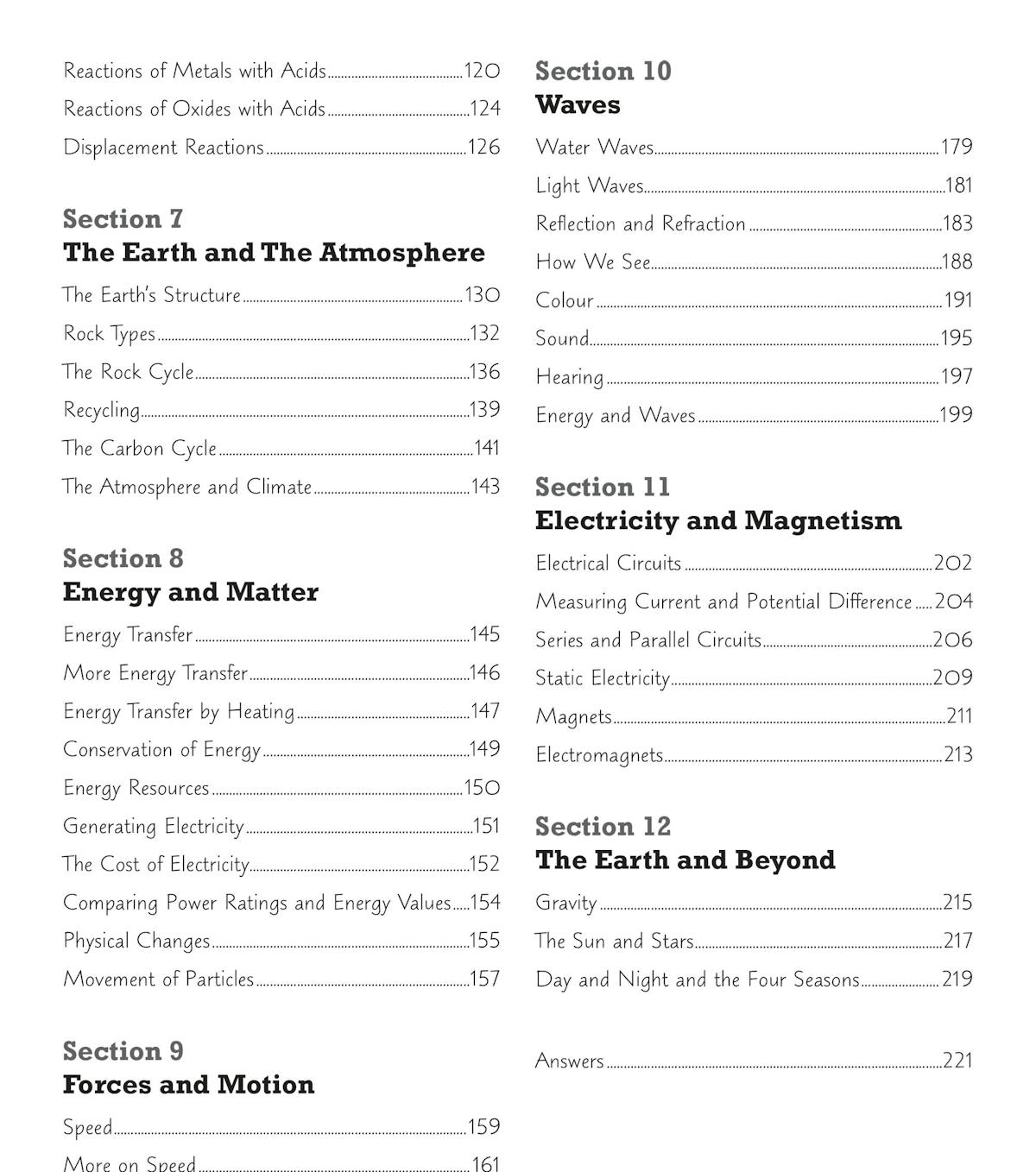 Contents pages listing science topics including energy, forces, electricity, and the Earth