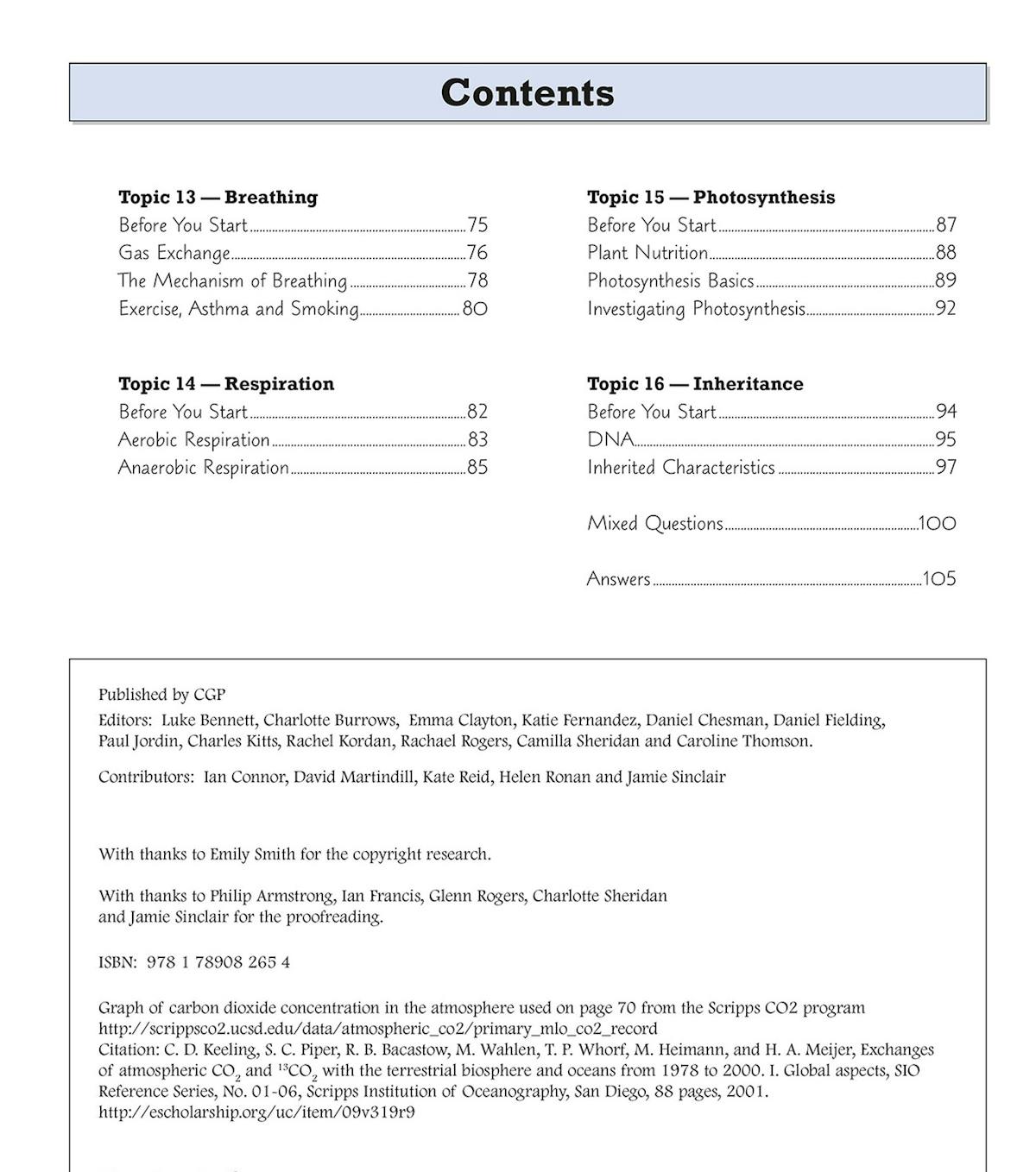 Contents page showing Biology, Chemistry and Physics topics covered in the Year 9 workbook
