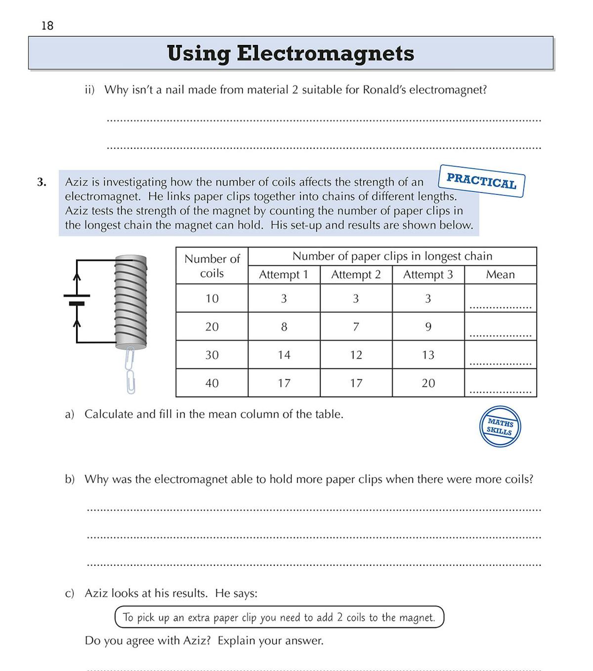 Sample Physics questions on electromagnets with practical investigation and maths skills