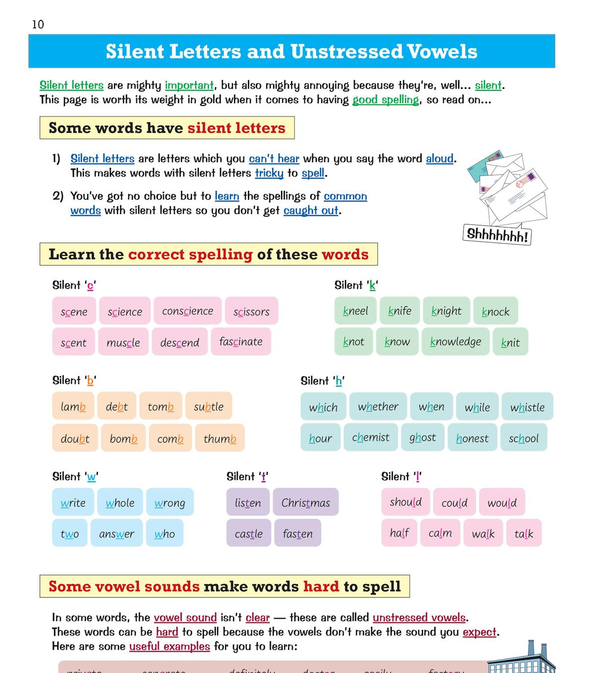 Inside pages showing silent letters and unstressed vowels with colour-coded examples