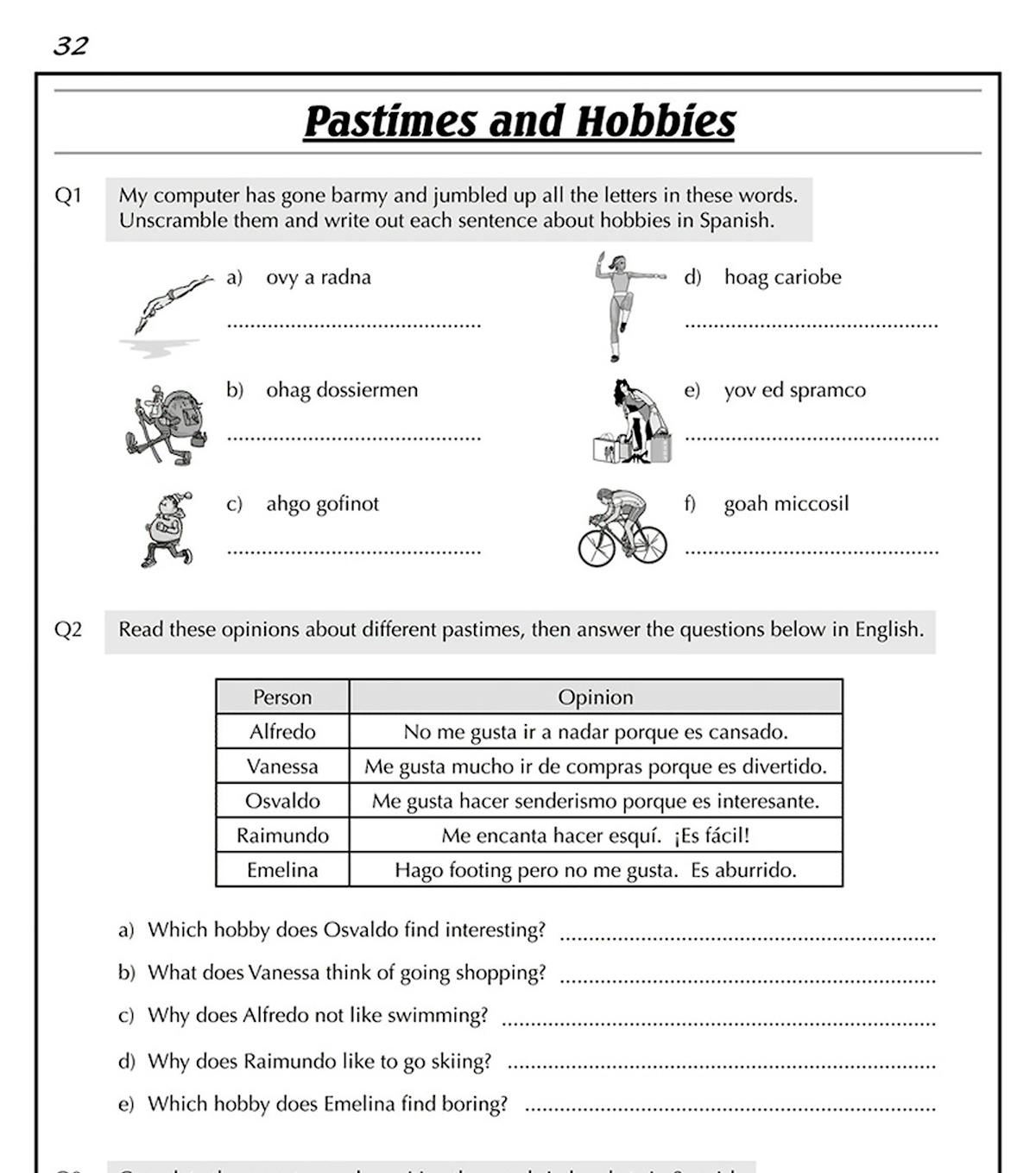 Sample workbook page on pastimes and hobbies with word-scramble, opinion statements and sentence completion exercises