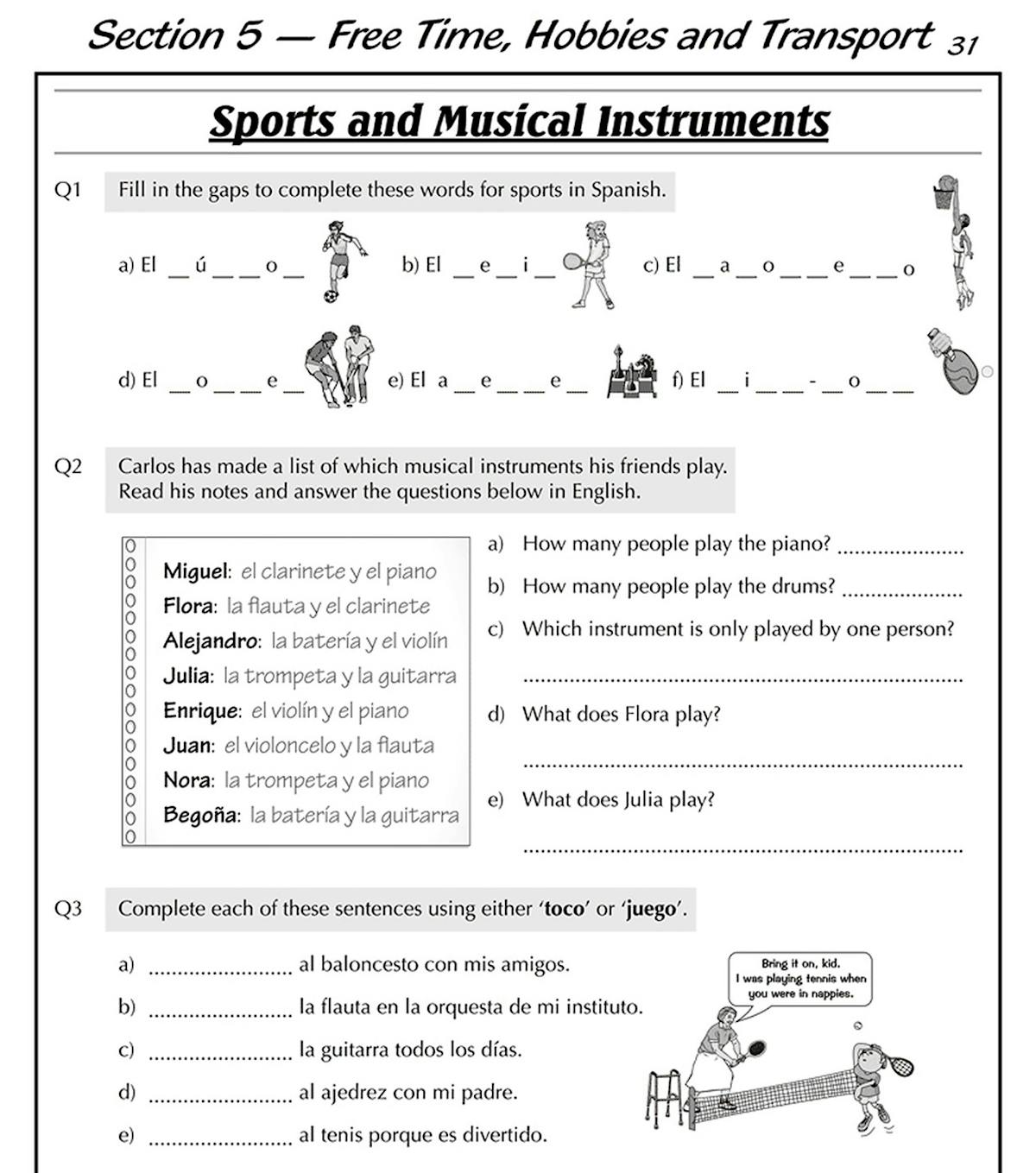 Page showing Spanish sports and musical instruments vocabulary exercises with fill-in-the-gap and comprehension questions