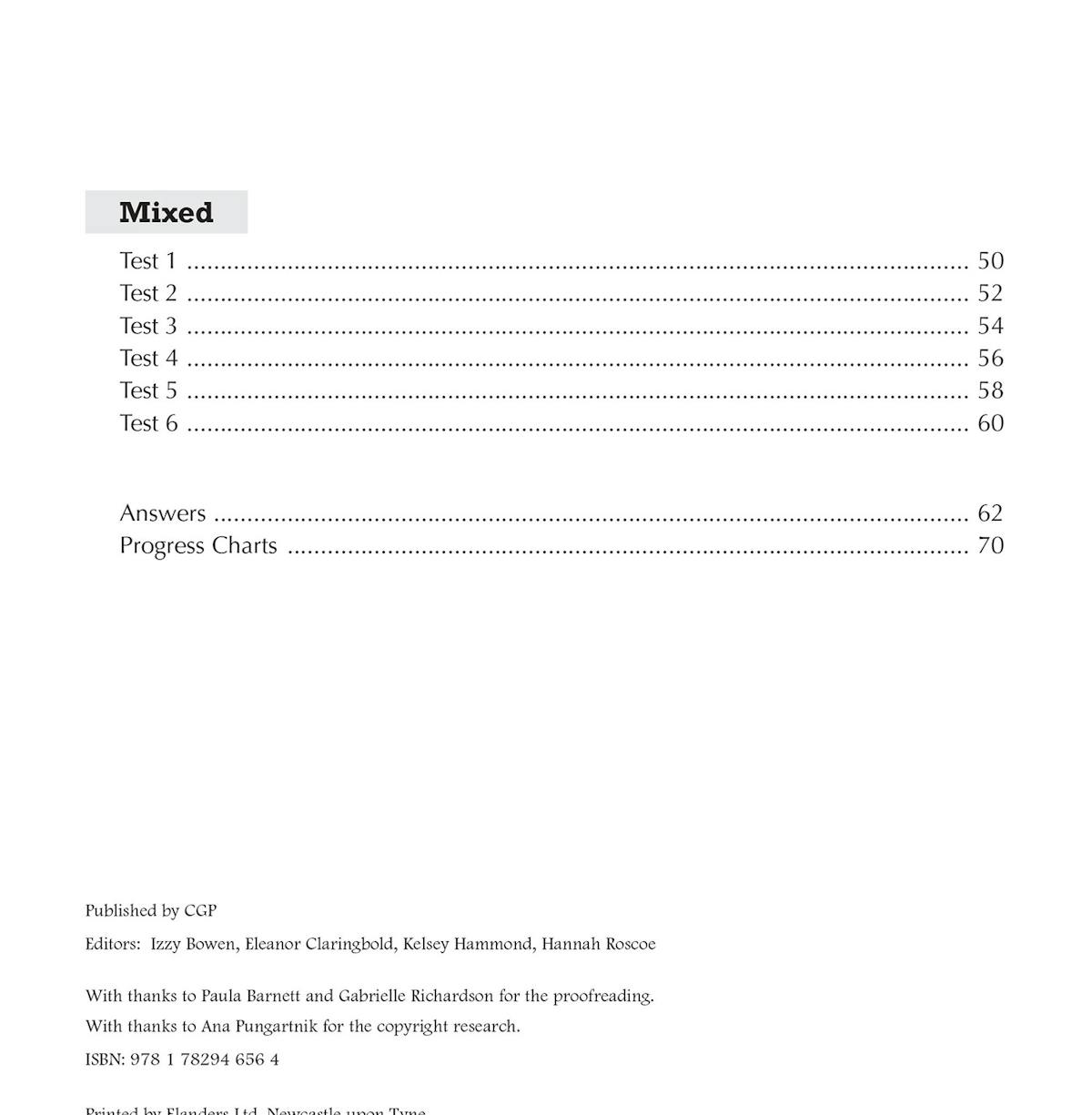 Contents page showing mixed tests, answers, and progress chart sections