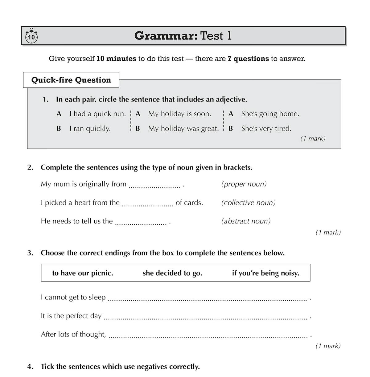 Sample page from the 10-minute tests book showing a grammar test with questions on adjectives, nouns and negatives