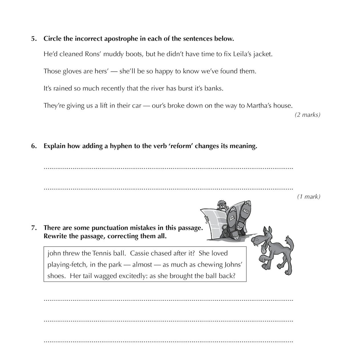 Sample page from the 10-minute tests book showing a punctuation test with questions on apostrophes and hyphens