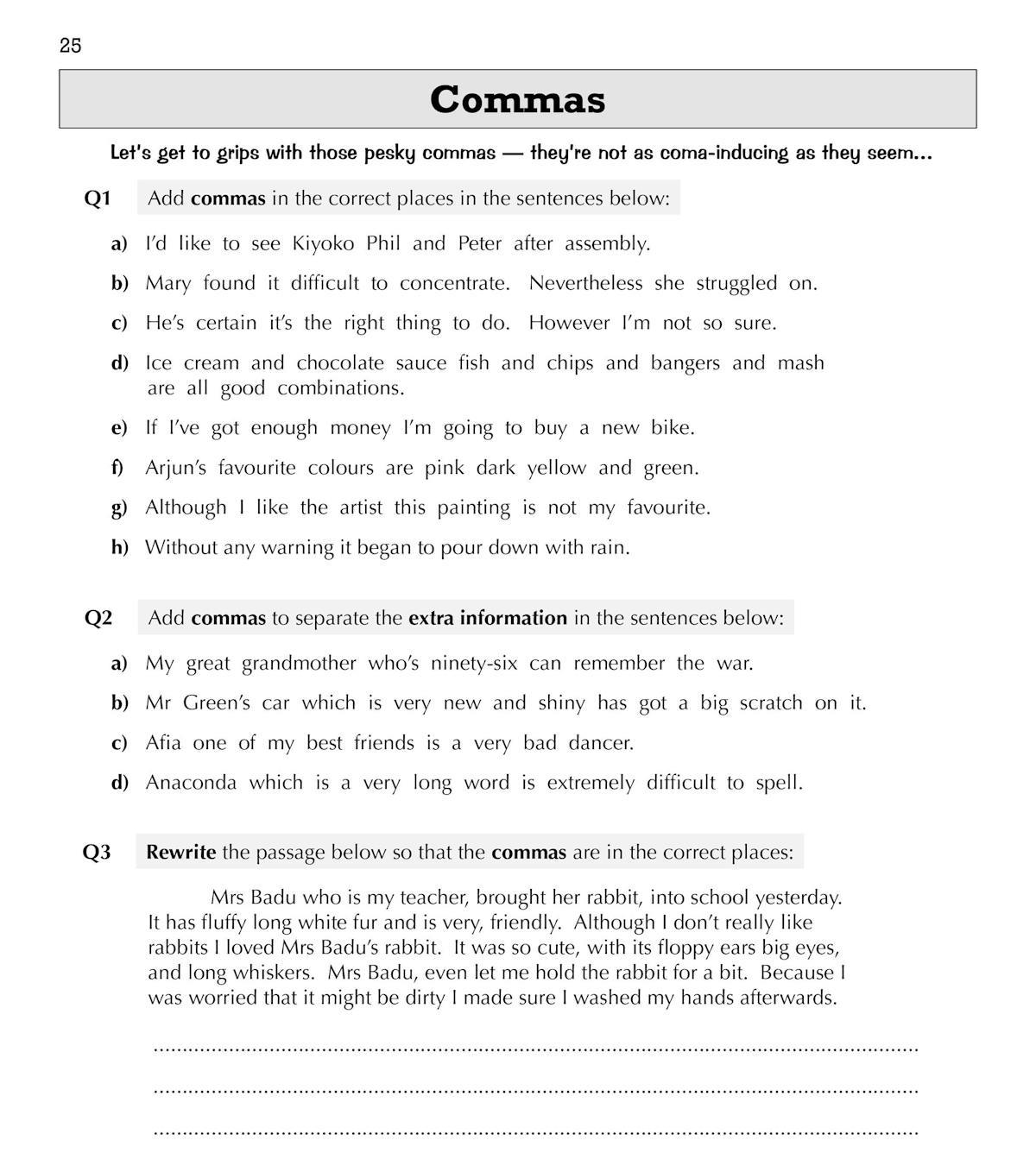 KS3 Spelling, Punctuation and Grammar Workbook interior page showing comma exercises