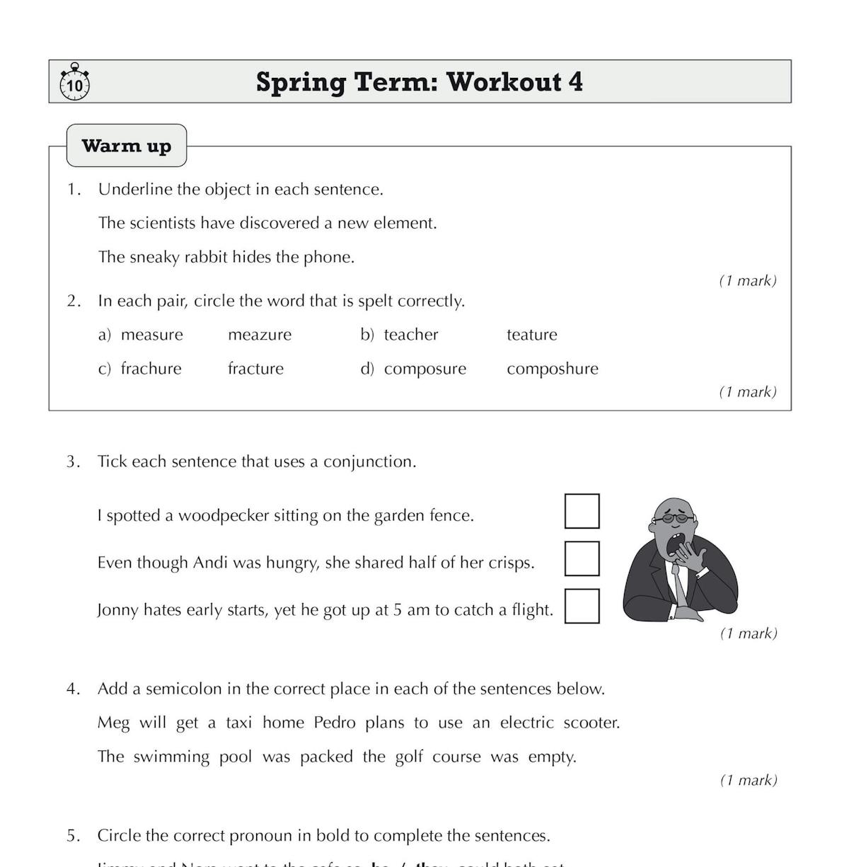 Sample workout page showing warm-up grammar questions and varied SPaG activities