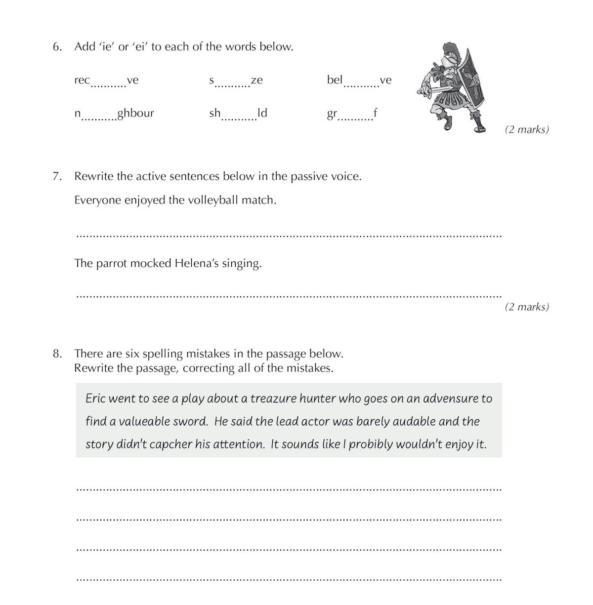 Interior page displaying spelling correction exercise and passive voice practice with scoring section