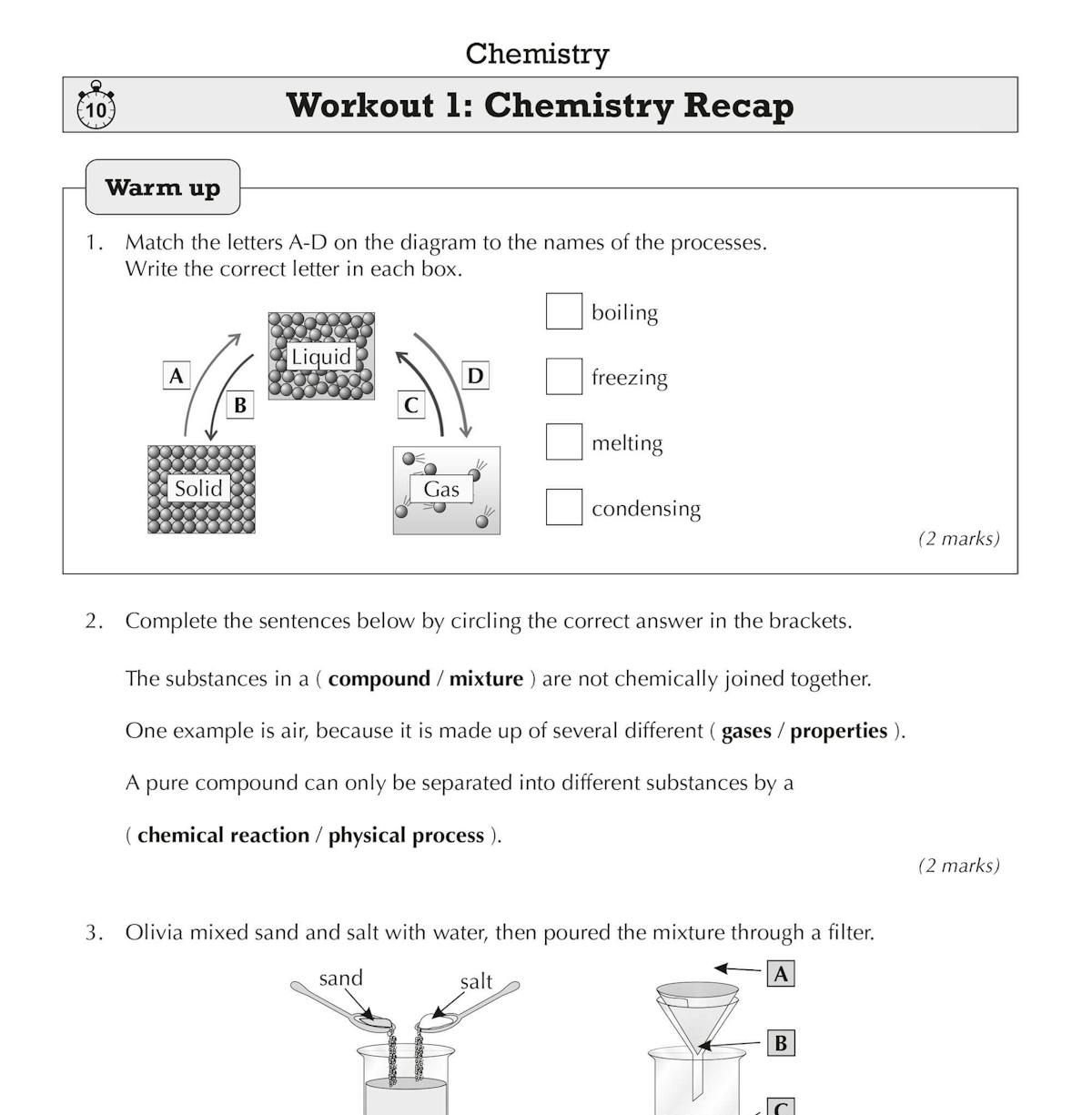 Sample Chemistry workout page showing warm-up questions on states of matter, mixtures and filtration with diagrams and multiple-choice options