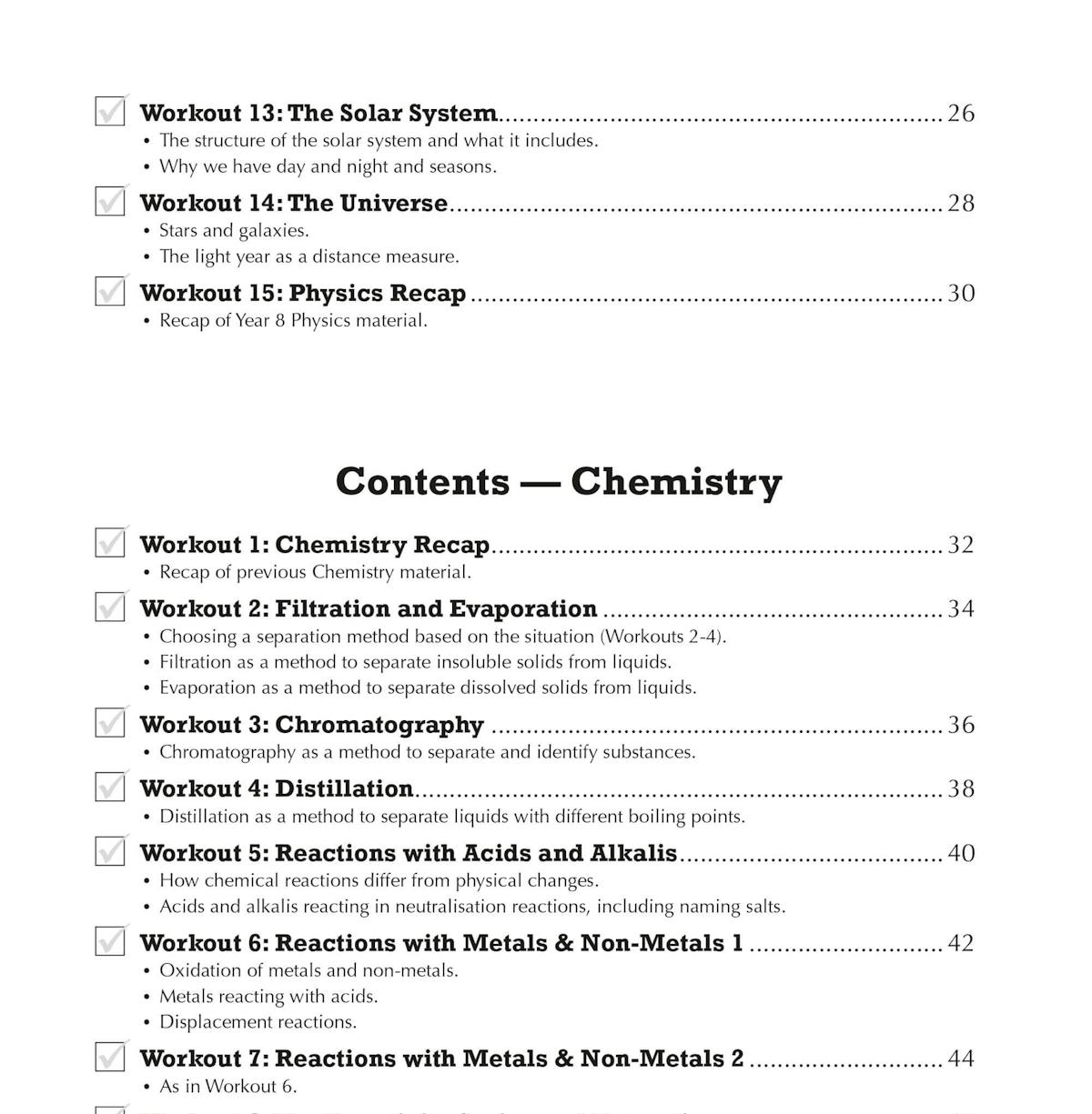 Contents page showing Chemistry workouts including topics such as filtration, chromatography, distillation and reactions with acids and alkalis