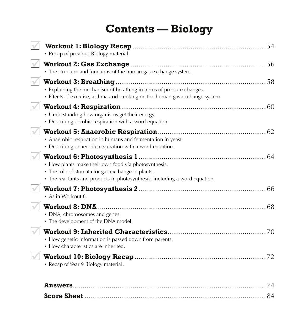Biology contents page showing workout topics including gas exchange, respiration, photosynthesis and DNA
