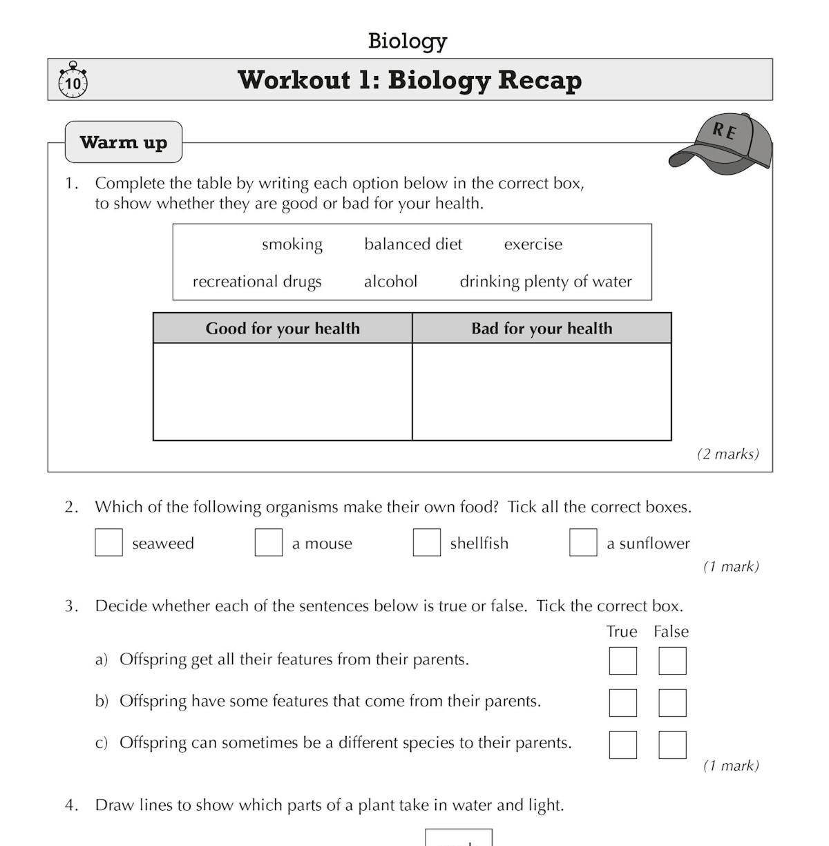 Sample Biology workout page showing warm-up question and activities on health factors and photosynthesis