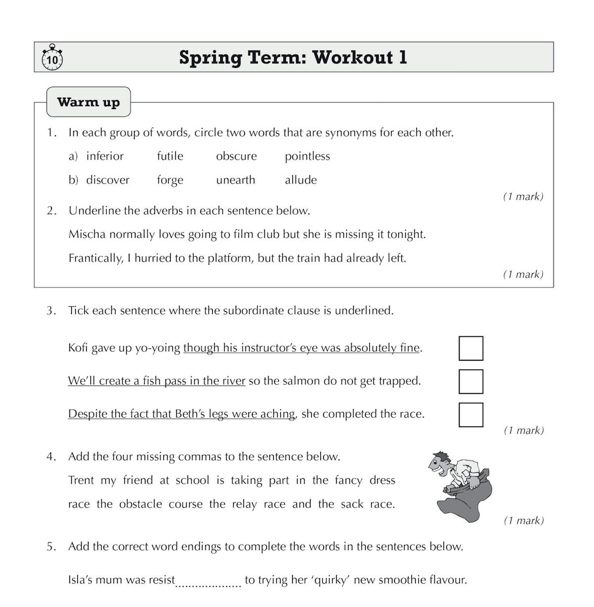 Spring Term Workout 1 with warm-up questions on synonyms, adverbs, subordinate clauses, commas, word endings, subjunctive mood, conjunctions, and grammar correction