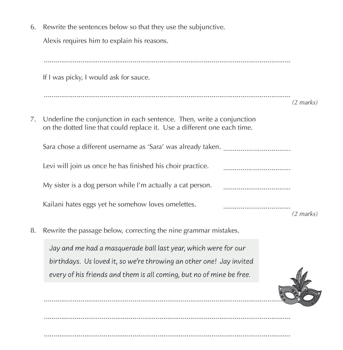 Second page of Spring Term Workout 1 showing tasks on the subjunctive, conjunctions, and a grammar correction passage with a scoring box