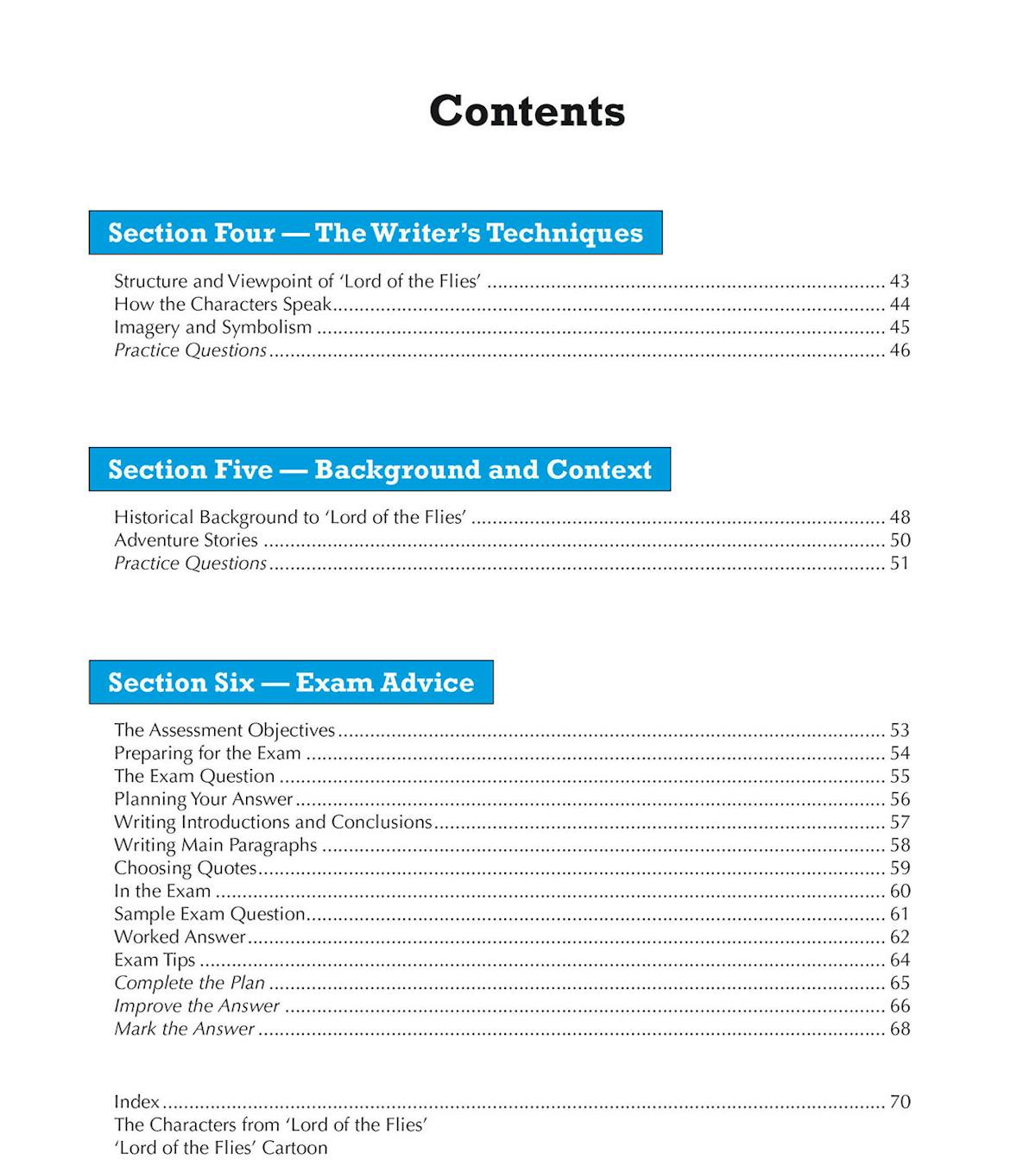 Contents page showing detailed exam advice section