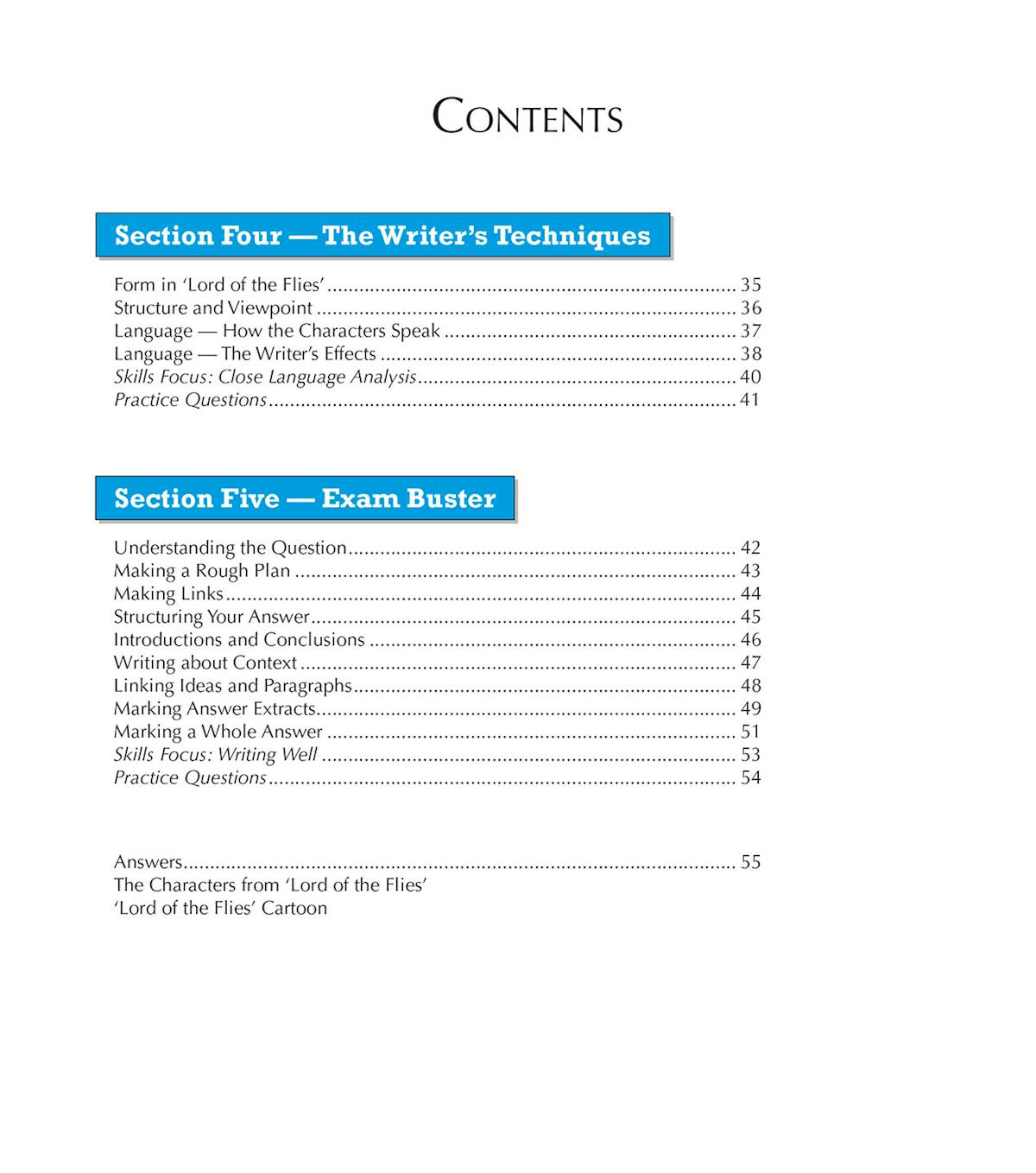 Contents page listing Writer's Techniques and Exam Buster sections