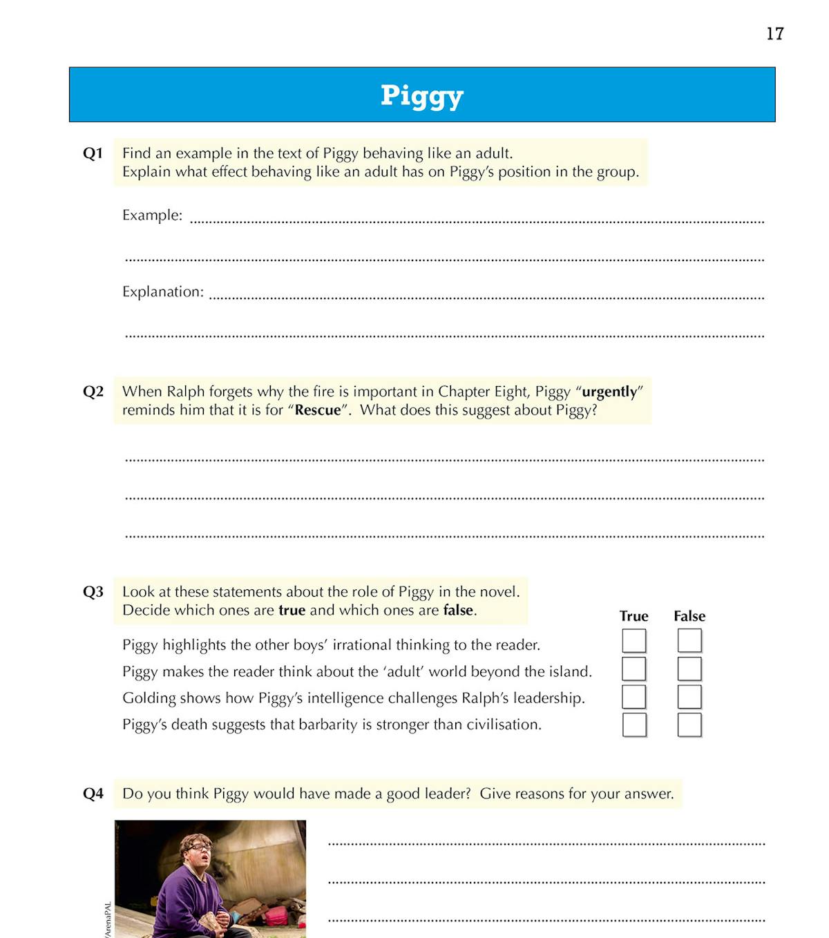 Lord of the Flies Workbook showing exam-style questions on Piggy