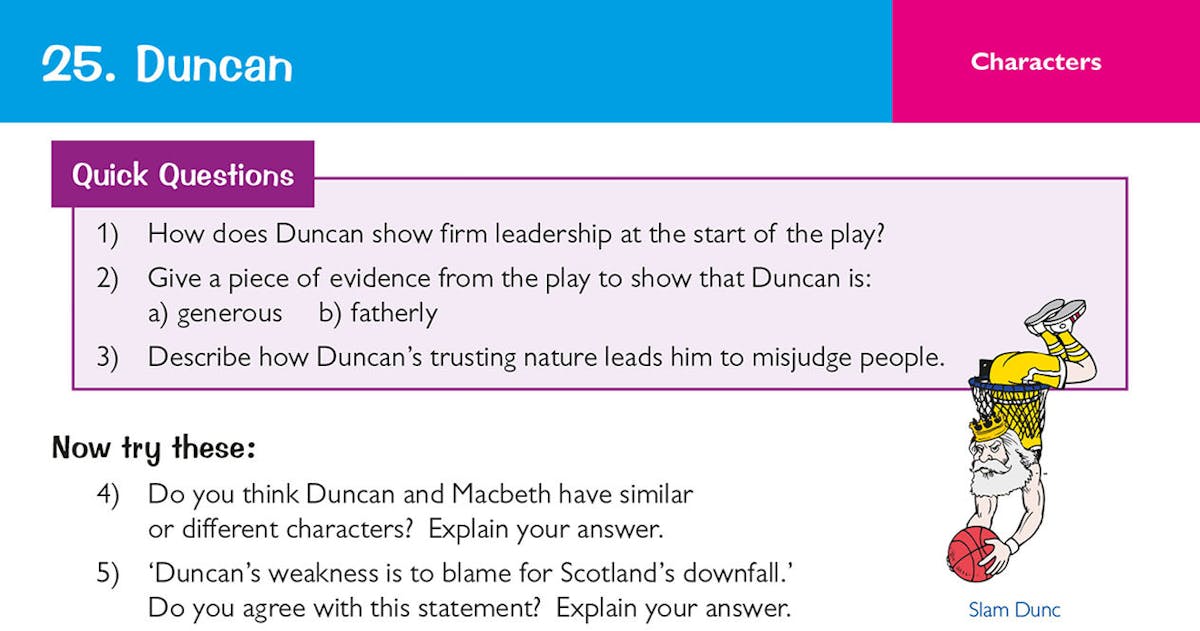 Sample card showing character questions about Duncan with quick questions and 'Now try these' prompts
