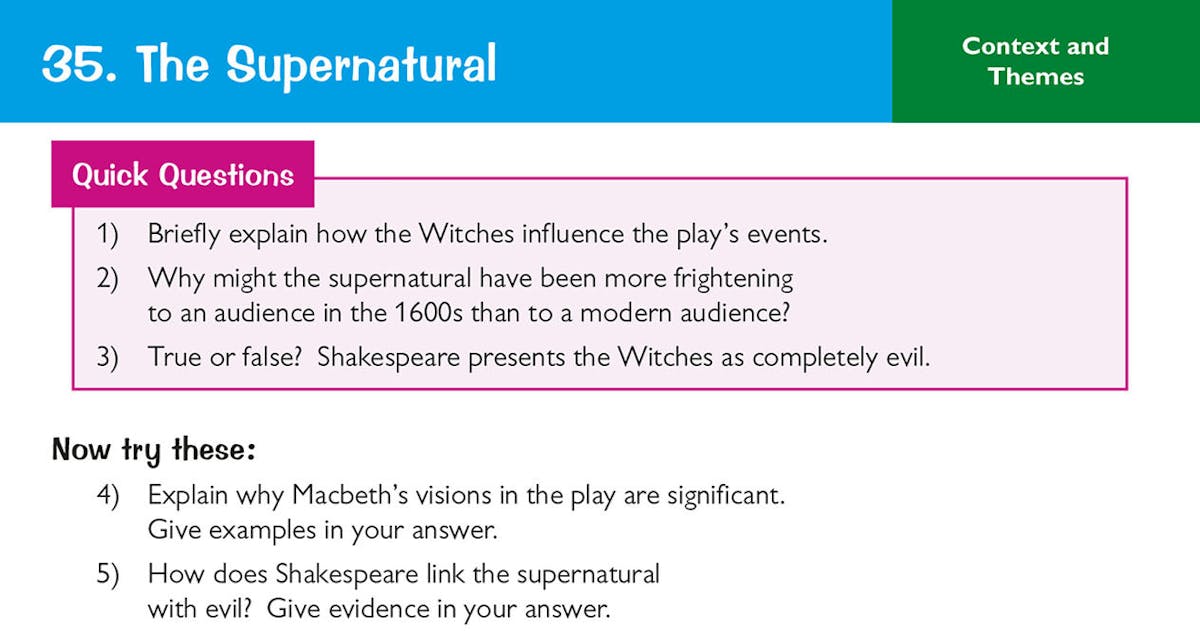 Card exploring the supernatural theme in Macbeth with questions about the witches and their influence