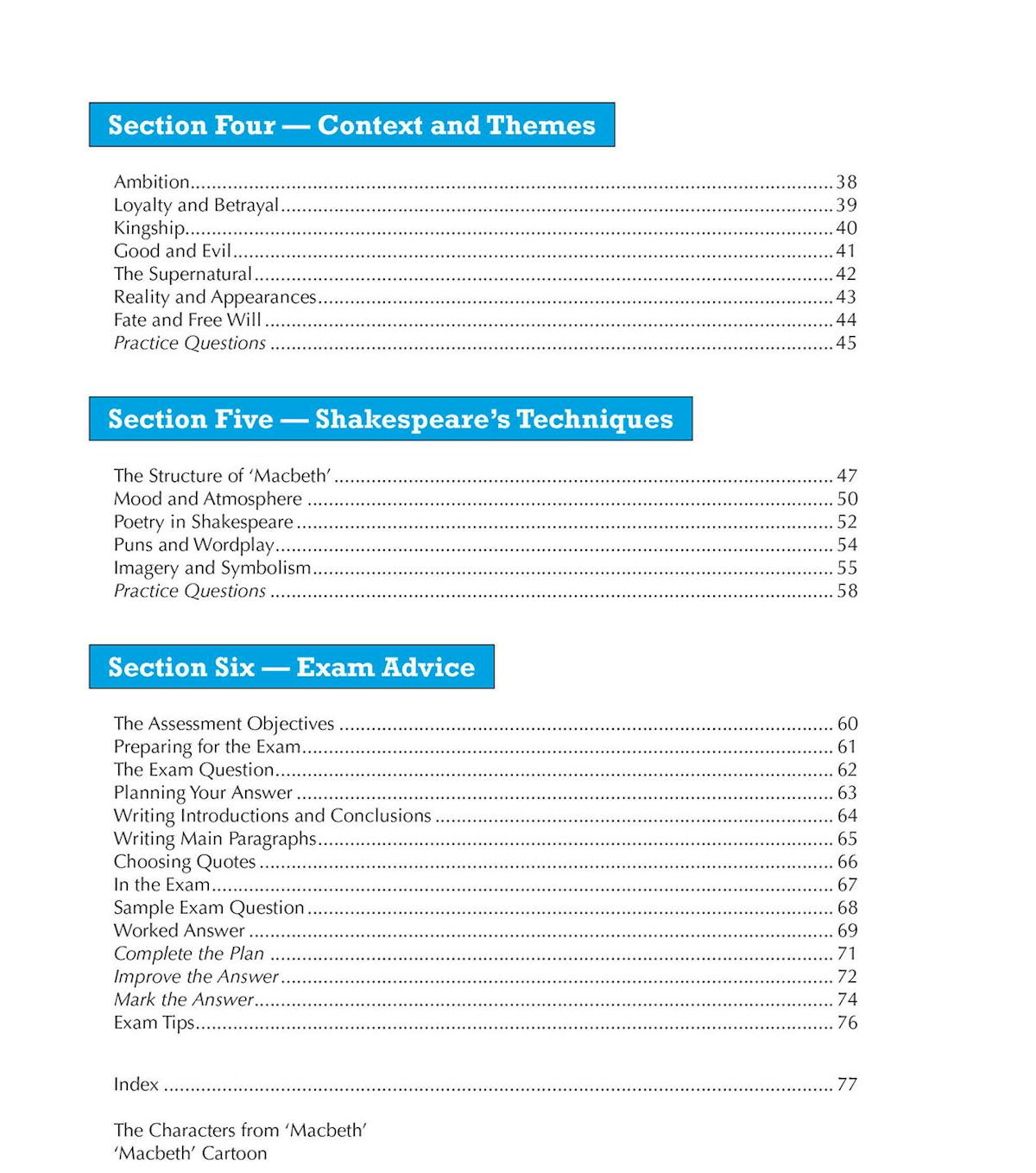 Contents page showing sections on context, themes, Shakespeare's techniques, and exam advice