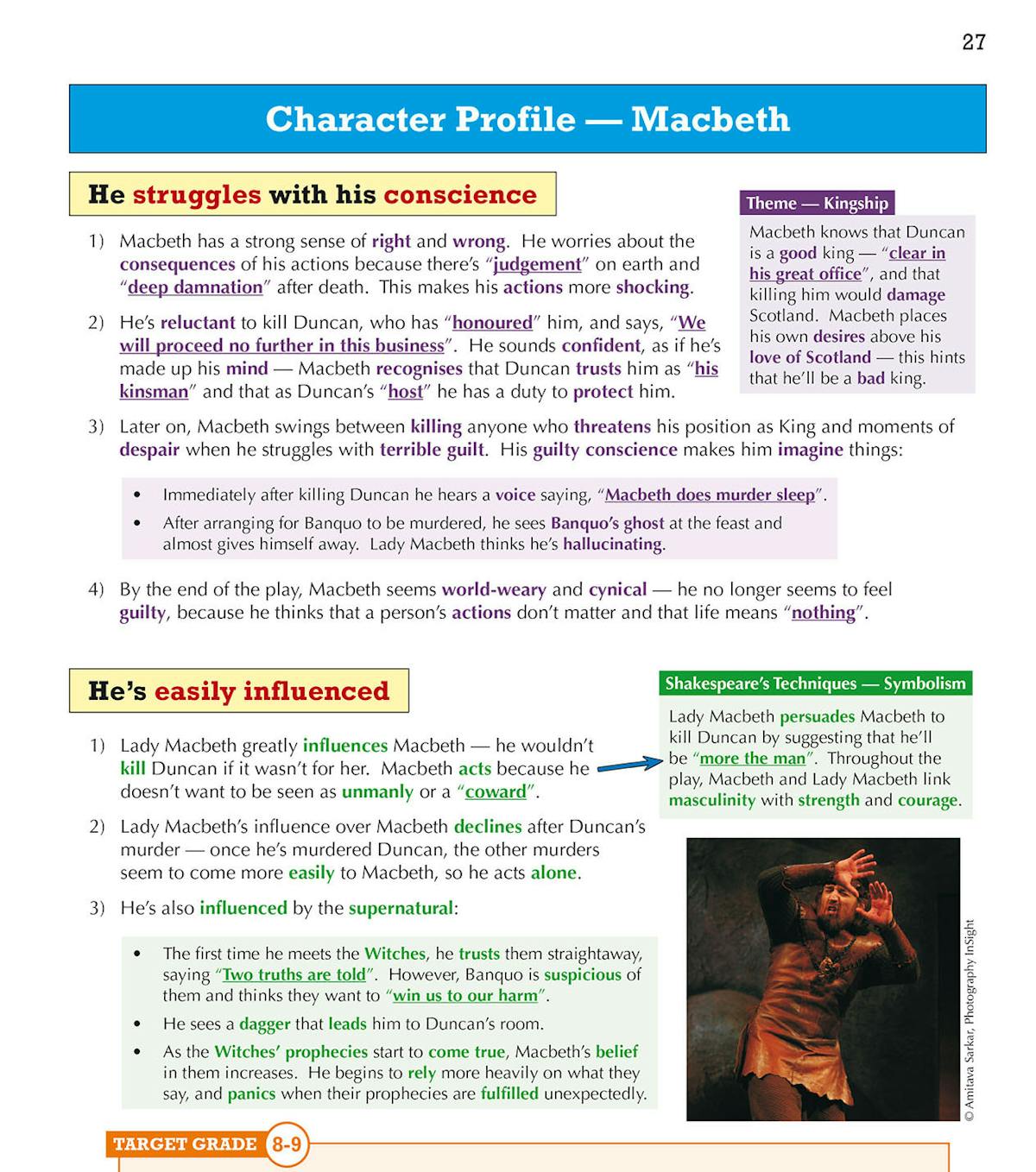Character profile page showing Macbeth's struggle with conscience and how he's easily influenced