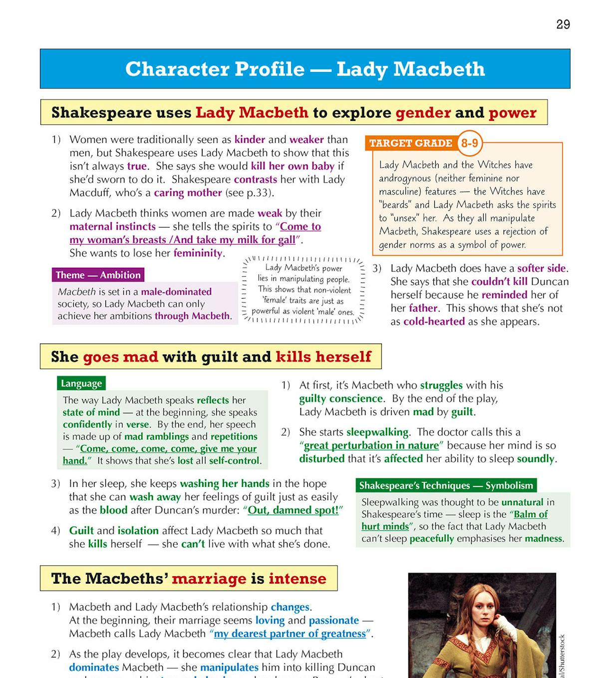 Macbeth Text Guide contents page showing character profiles and exam techniques