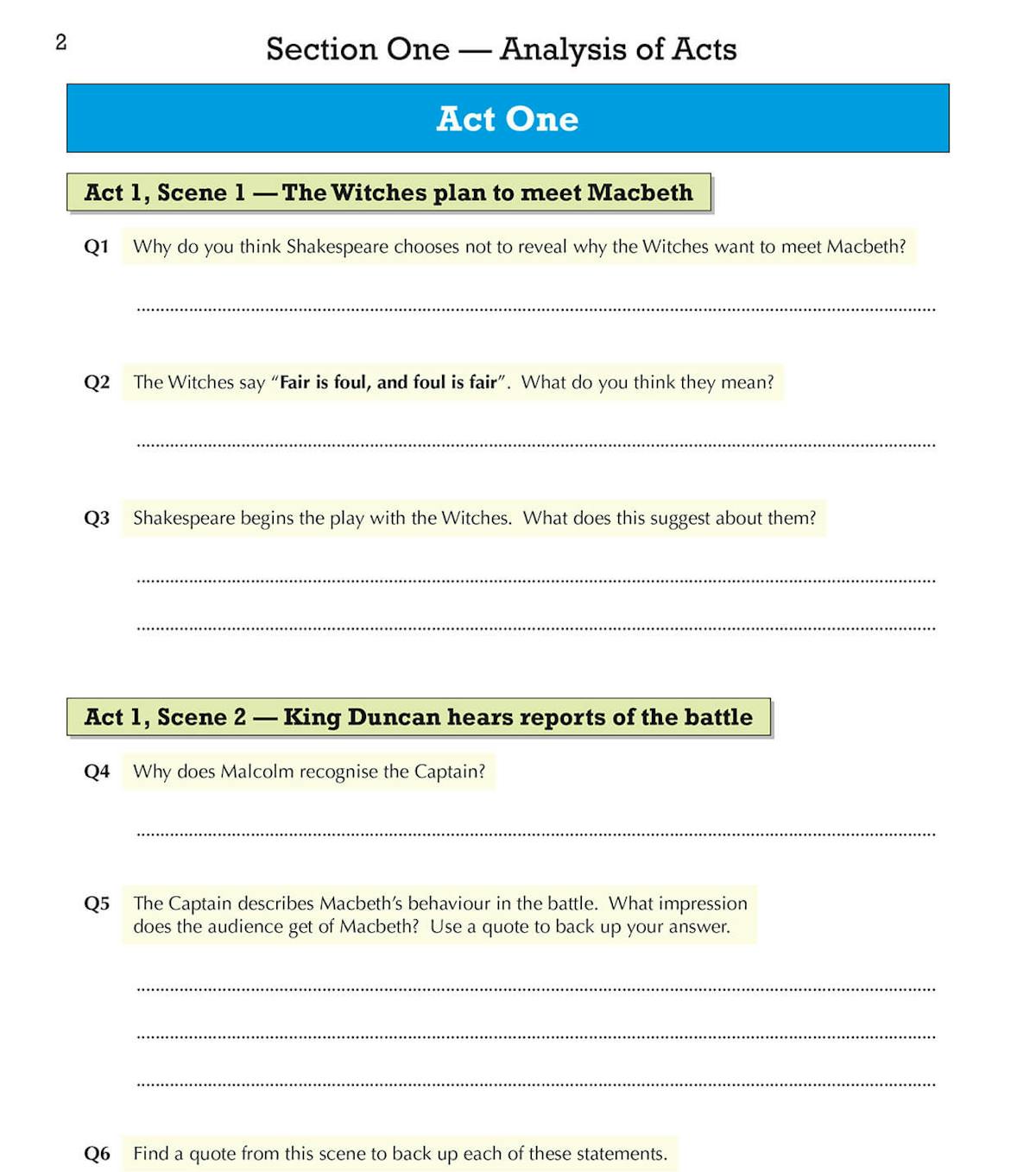 Sample workbook page showing Act One analysis questions