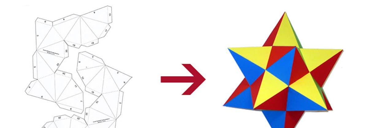 Printed net templates showing fold lines and tabs for 3D shape construction