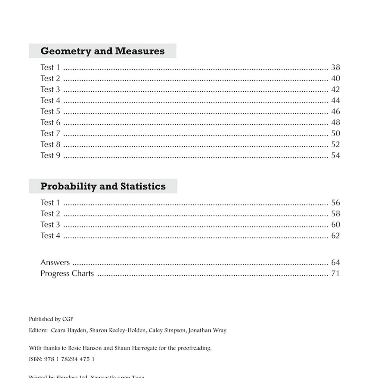 Contents page showing test sections including Geometry and Measures, and Probability and Statistics