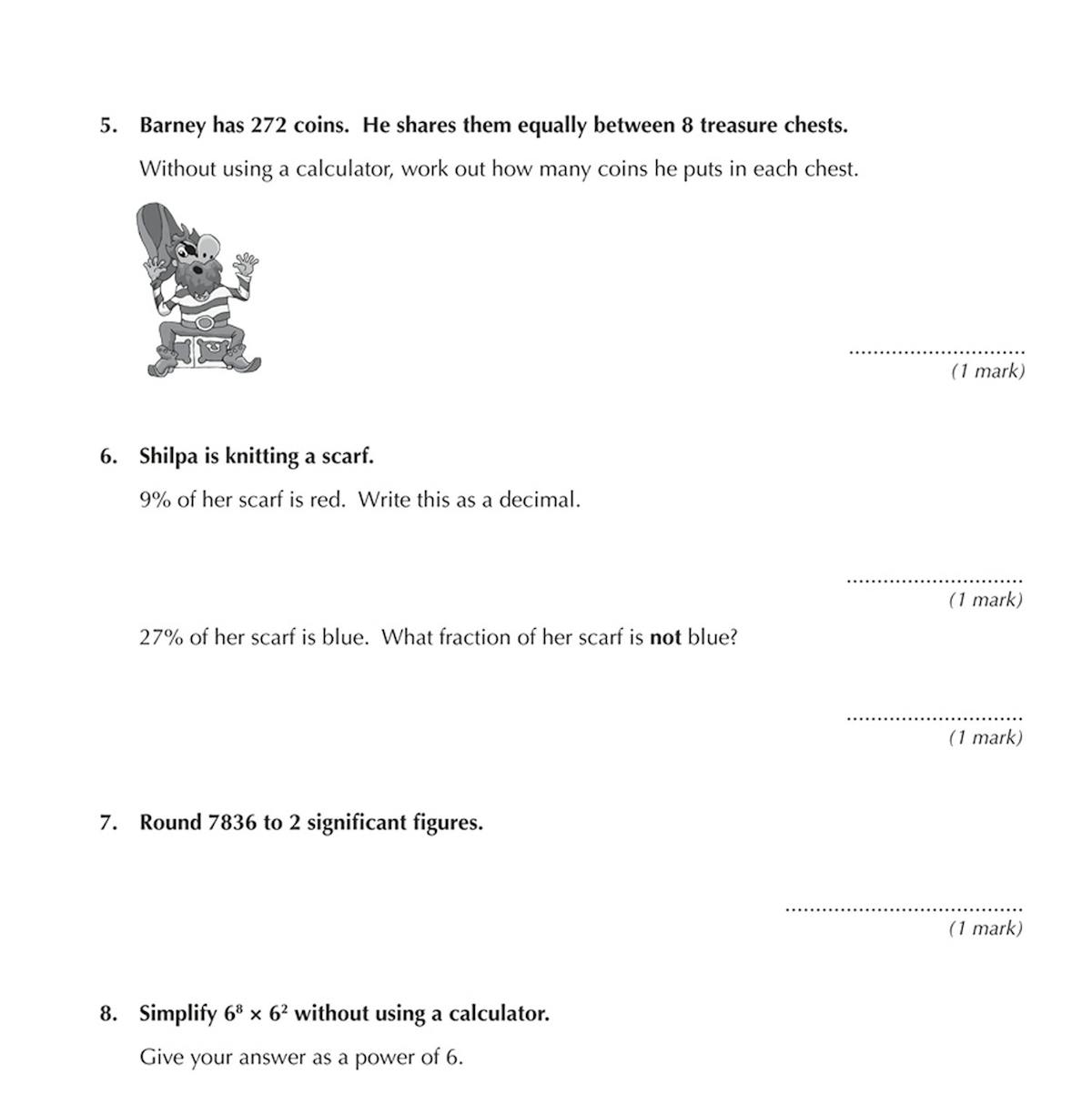 Sample test page showing mixed maths questions with score box