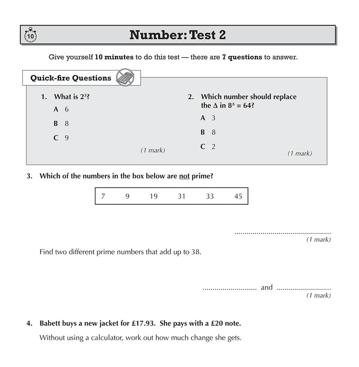 Sample test page showing number questions and quick-fire format