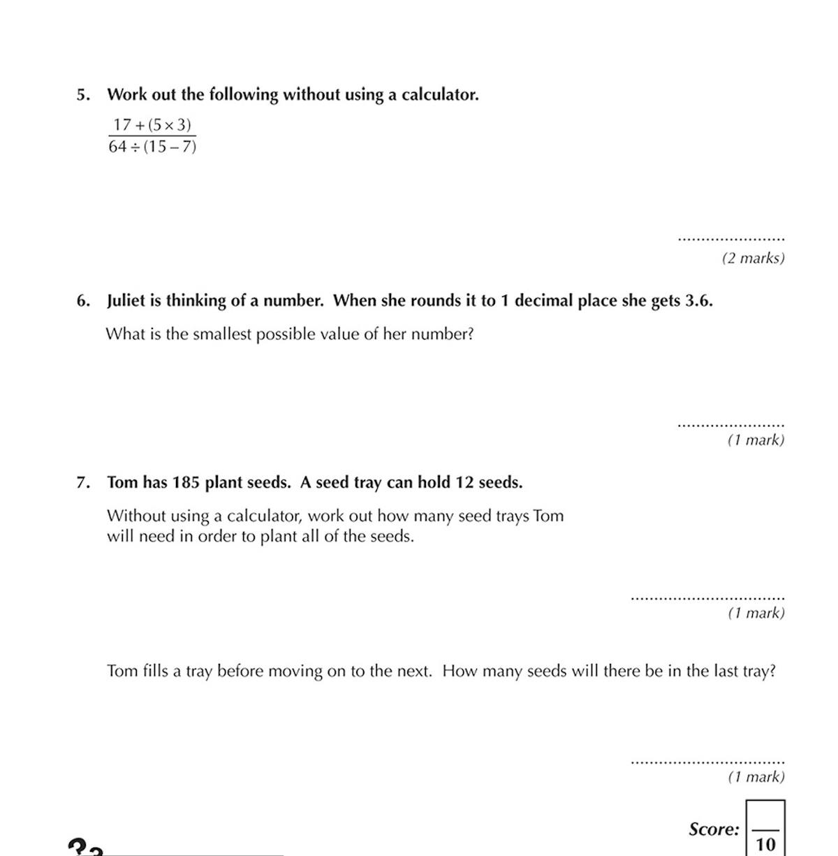 Inside pages showing calculation questions with working space and a bonus brainteaser section