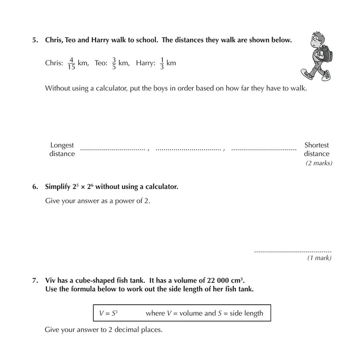 Sample test page showing mixed KS3 Maths questions including fractions, algebra, and geometry problems