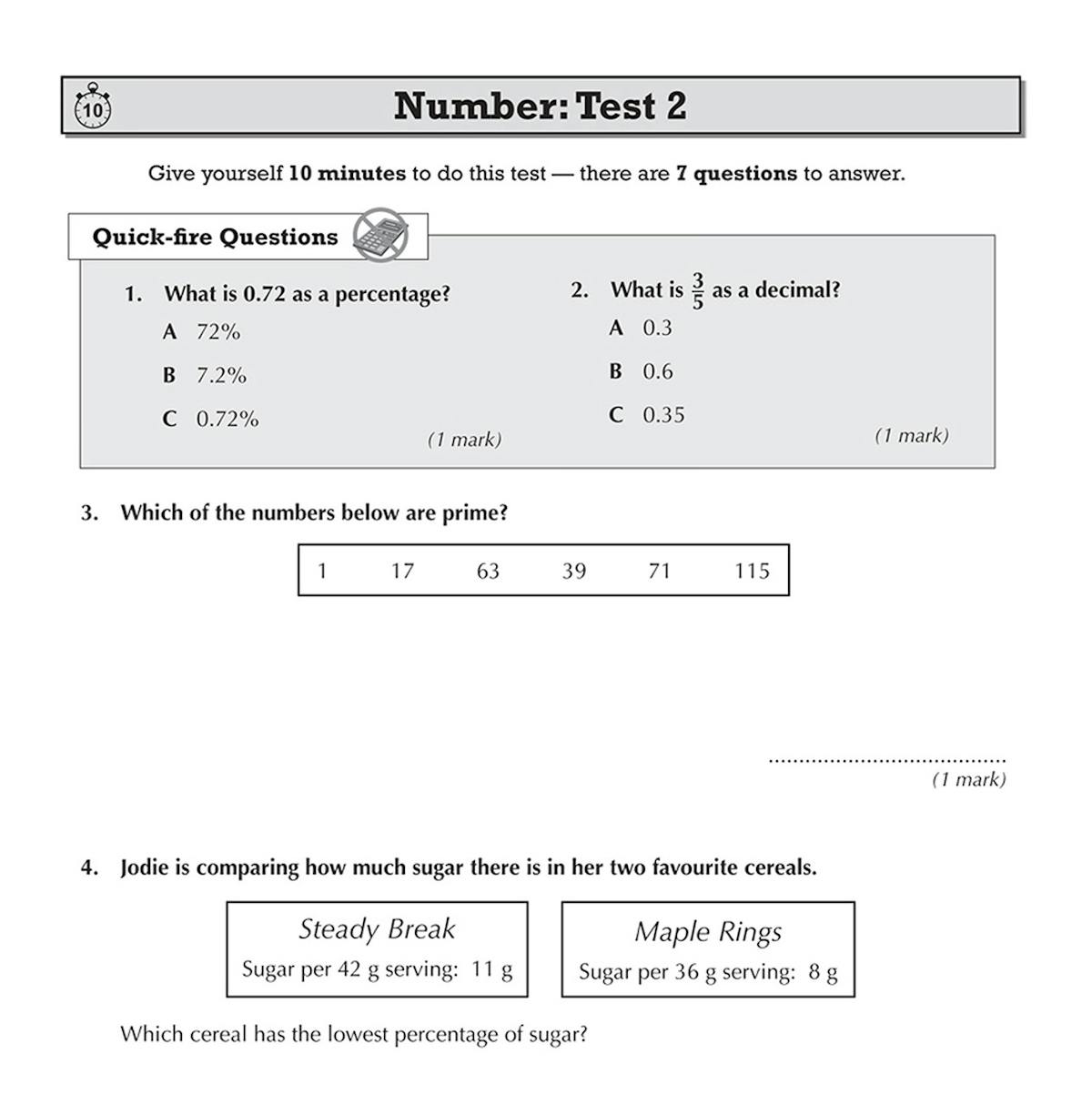 Test page showing quick-fire multiple choice questions on percentages and decimals with answer boxes