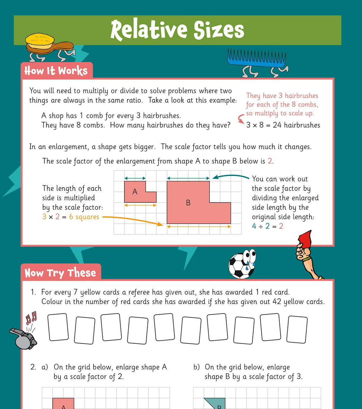 Relative sizes and ratio page showing scale factor problems with colourful diagrams and practice exercises