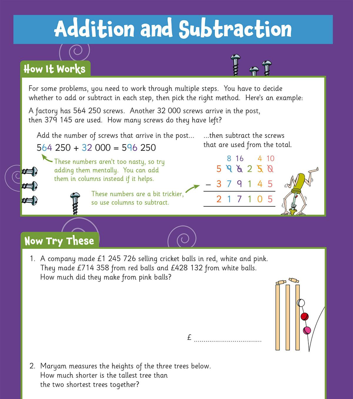 Addition and subtraction multi-step problem-solving page with worked examples and practice questions