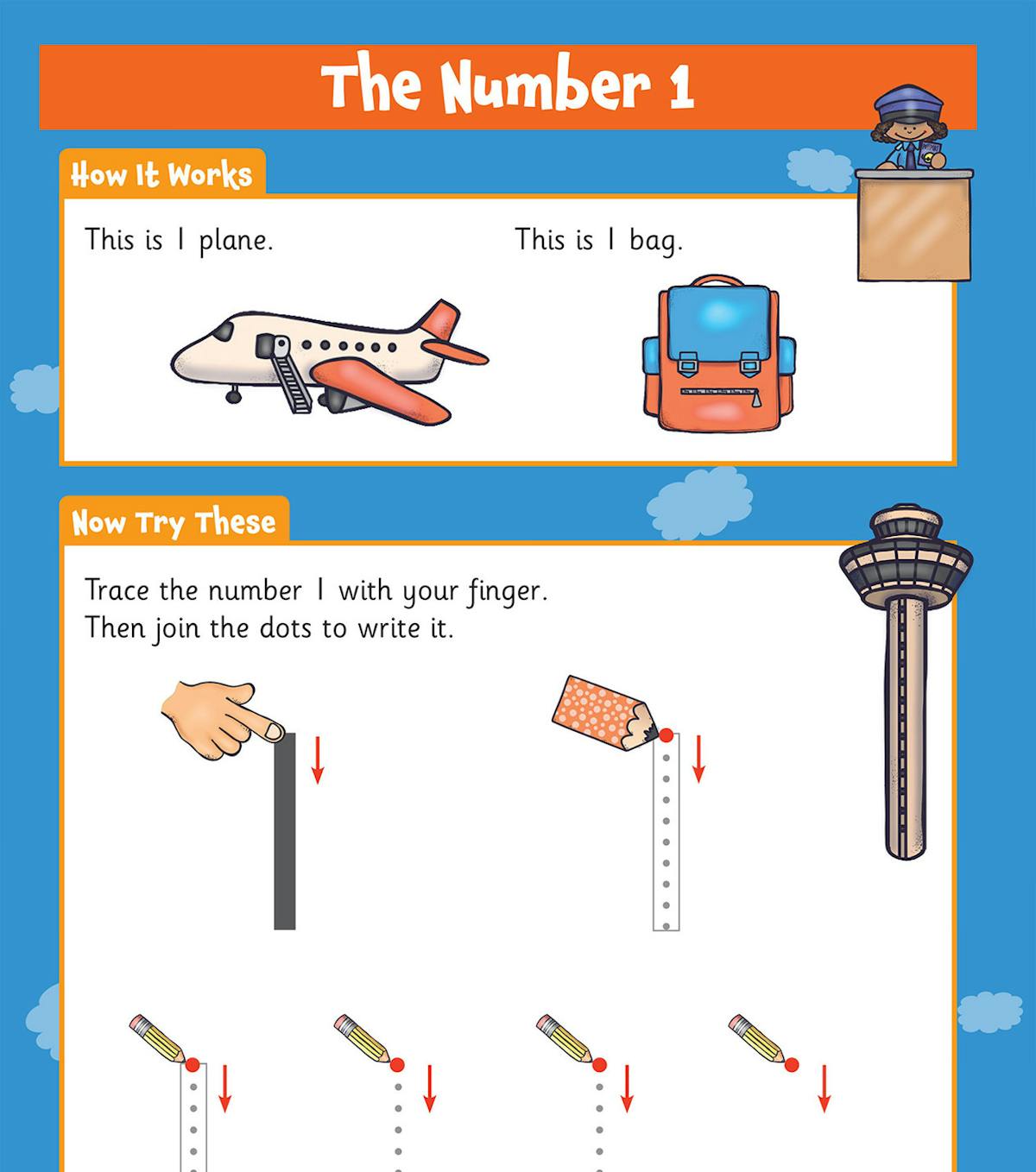 Introduction page showing number 1 with tracing and writing exercises