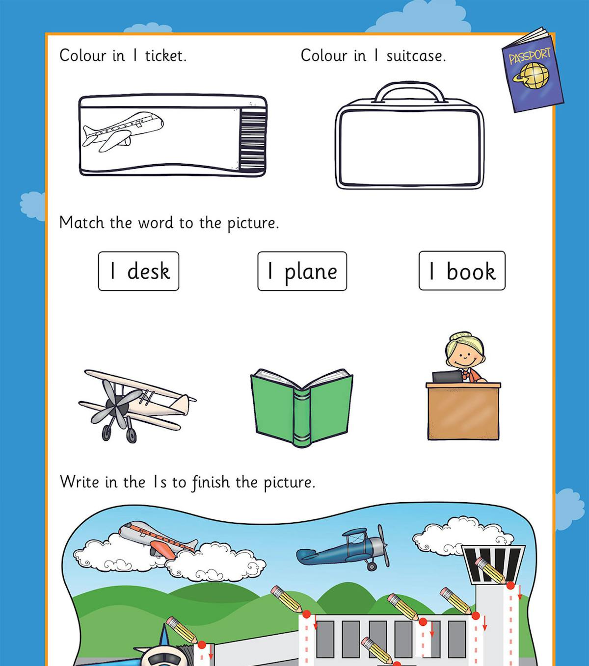 Colourful activity page featuring matching, colouring, and number recognition tasks