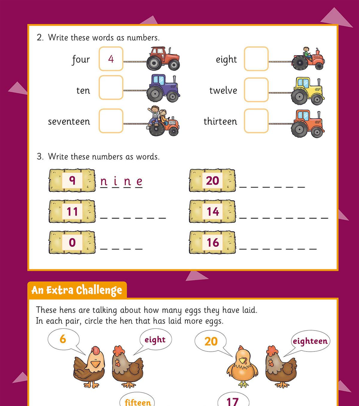Colourful page showing number and word exercises with tractors and hens