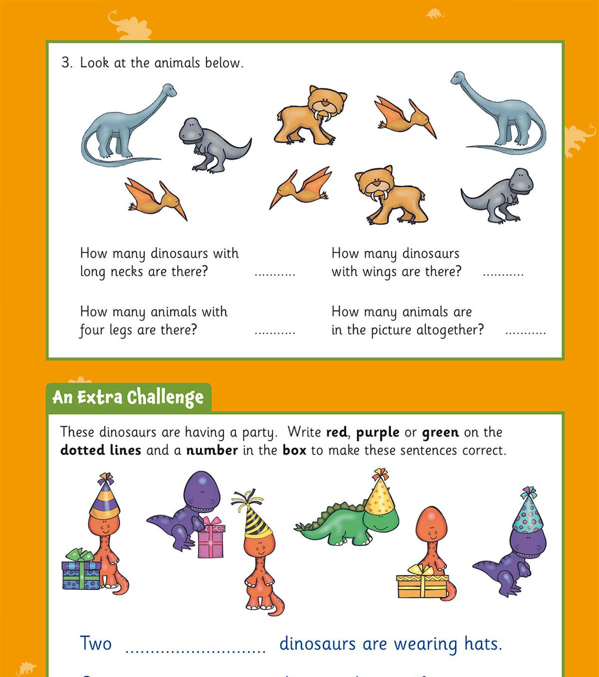 Dinosaur-themed counting and problem-solving exercises with party scene