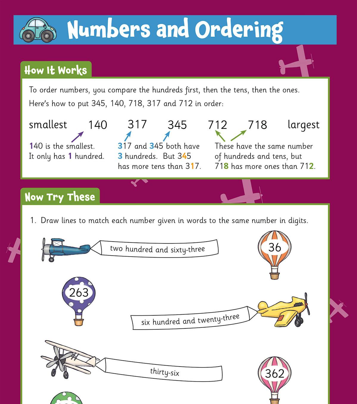 Numbers and ordering activity page with colourful illustrations