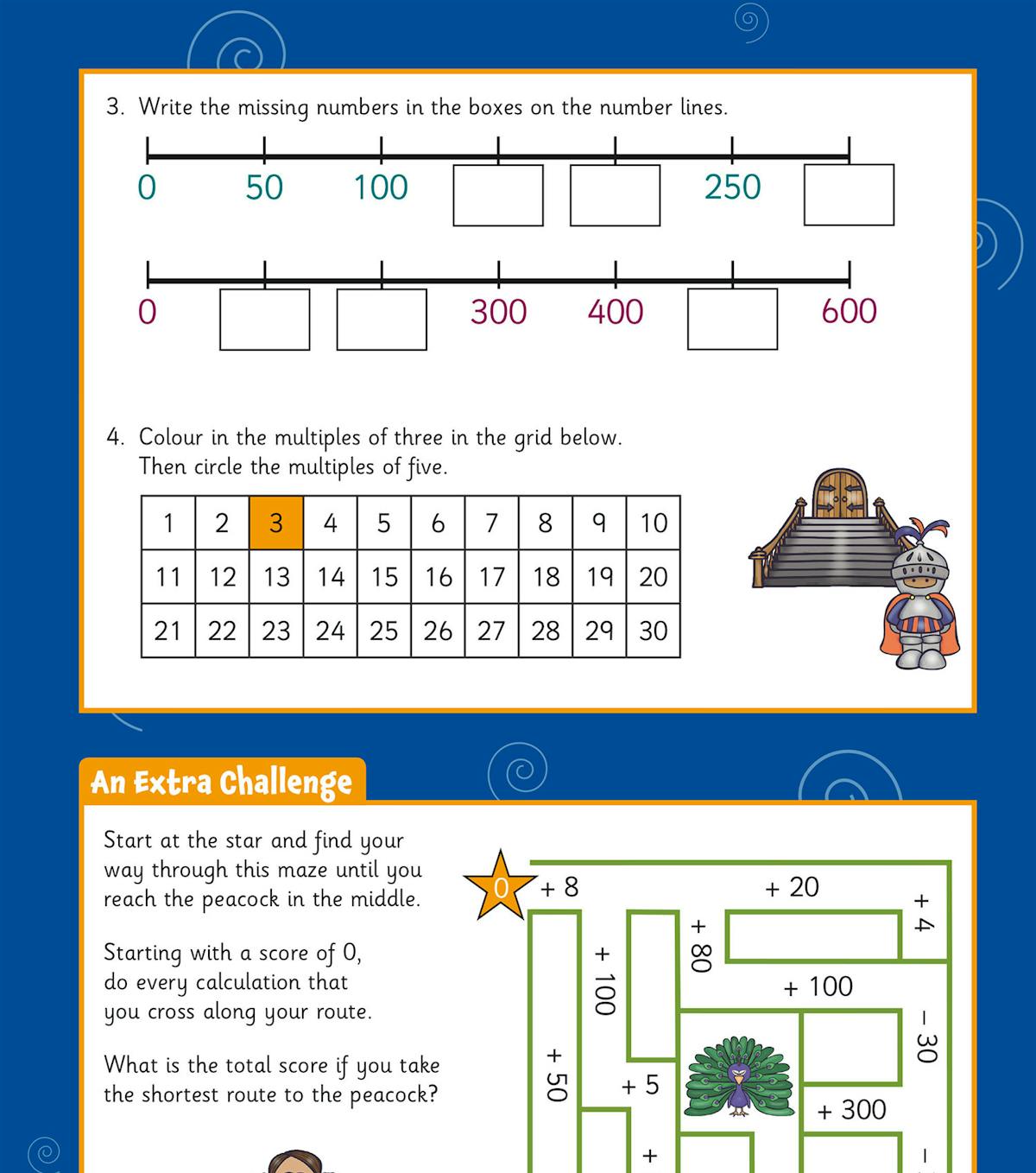 Activity page showing number lines, times tables, and maze challenges