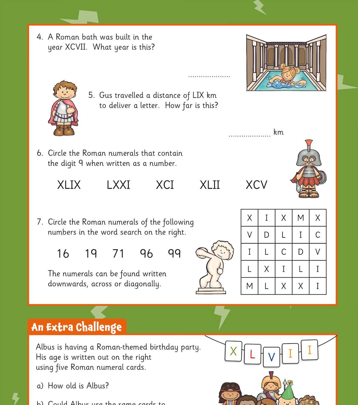 Roman numerals activity page with word searches, problems and an extra challenge section