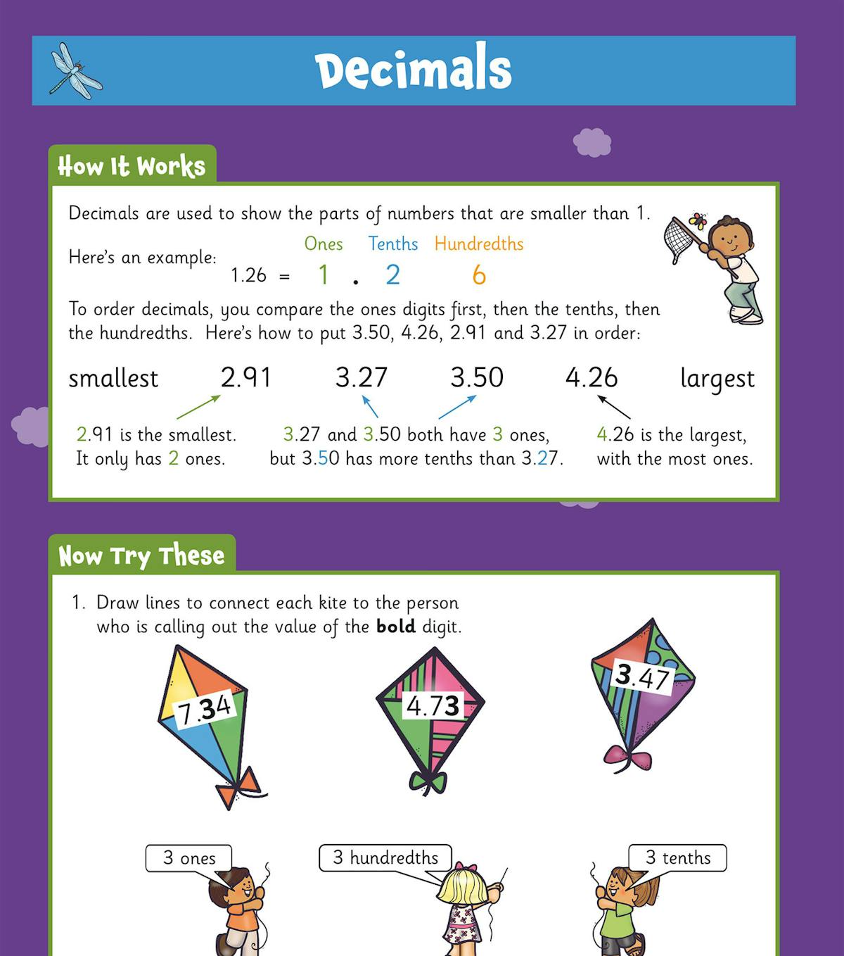 Decimals practice page showing how to order decimal numbers with colourful kite illustrations