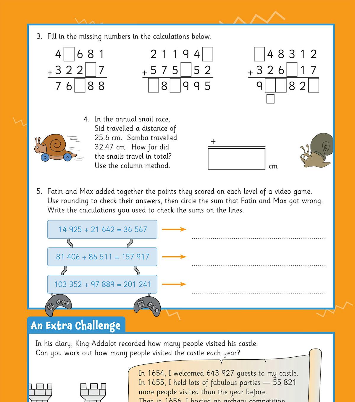 Sample activity page featuring addition, rounding and an extra challenge question