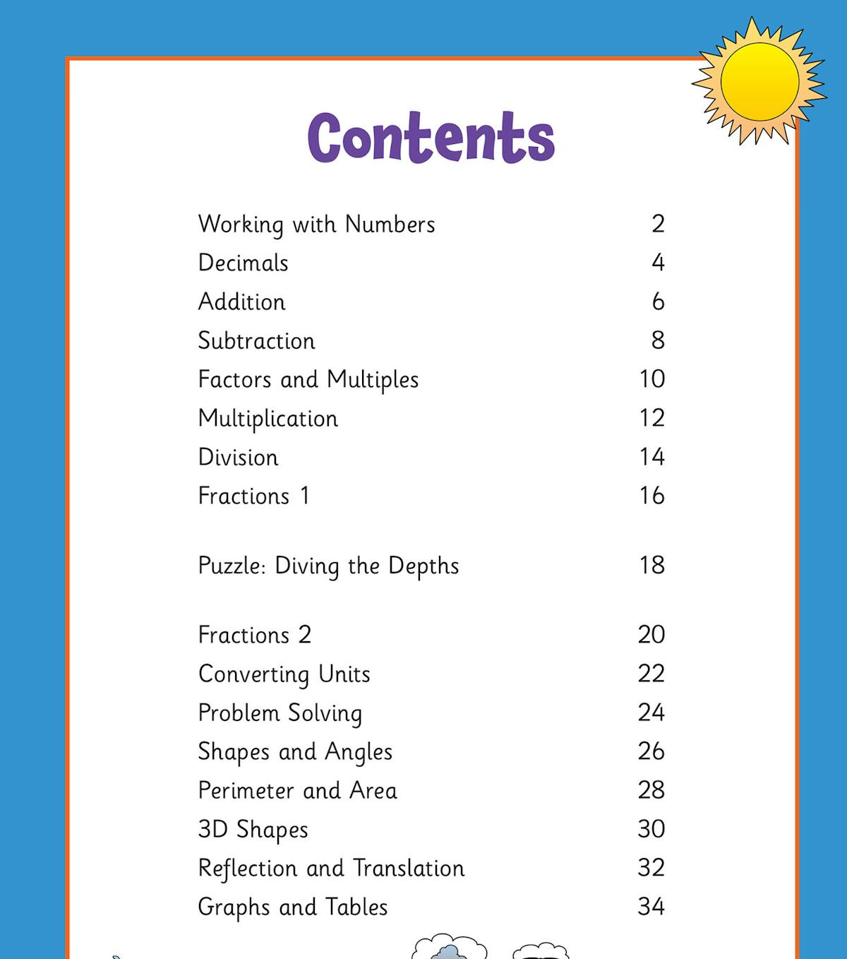 Contents page showing the full range of Year 5 maths topics covered