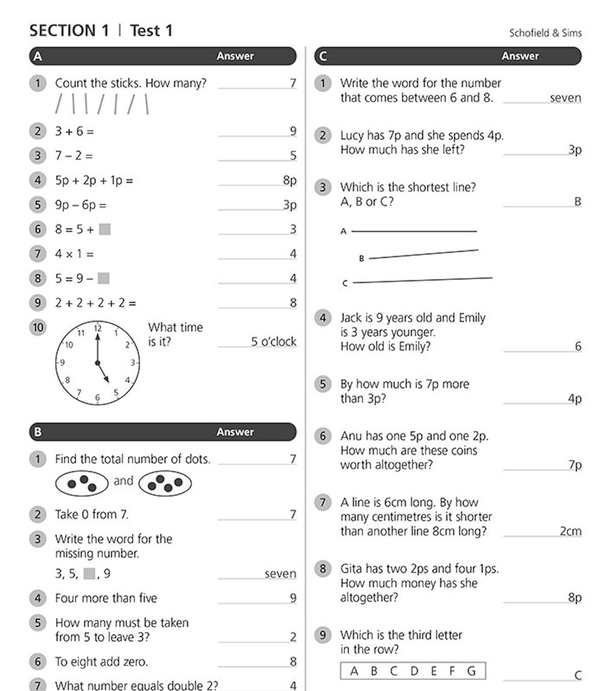 Sample page from Mental Arithmetic Answer Book 1 showing completed answers for Section 1 Test 1