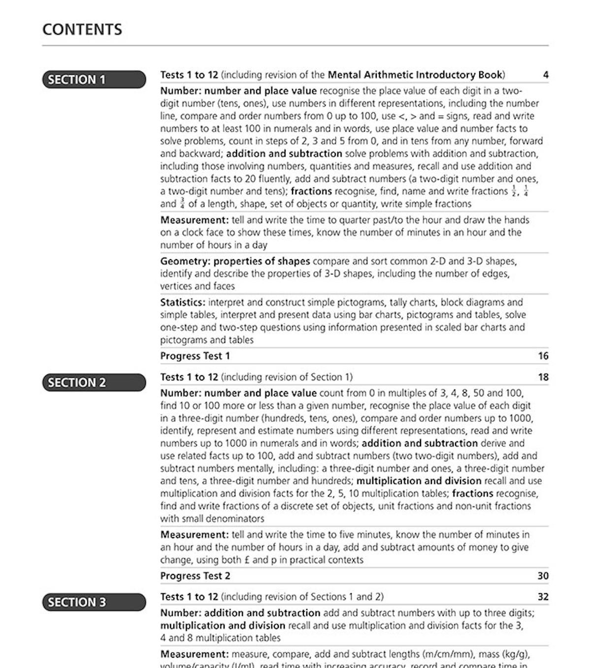 Contents page of Mental Arithmetic Answer Book 1 listing topics by section